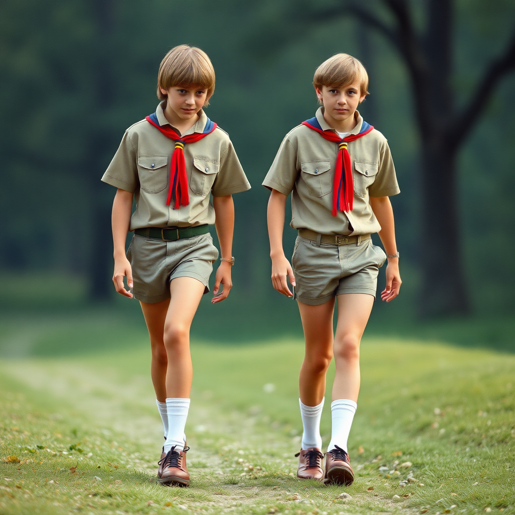 two tall 14yo teen boys, bob cut, wearing American boy scout uniform with uniform matching very tight booty shorts, tube socks, shoes, long legs, narrow thighs. walking. full-length view. 1980s. photorealistic, ultra high resolution, 16K, Negative: grainy, blurry, bad anatomy, extra limbs, watermark.