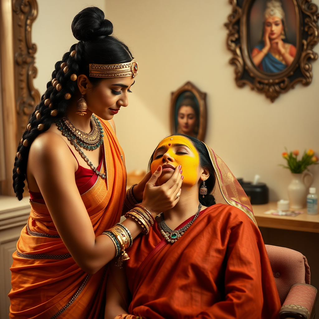 Cleopatra, working in a beauty parlour, giving a turmeric facial to a rich, traditional Indian wife.