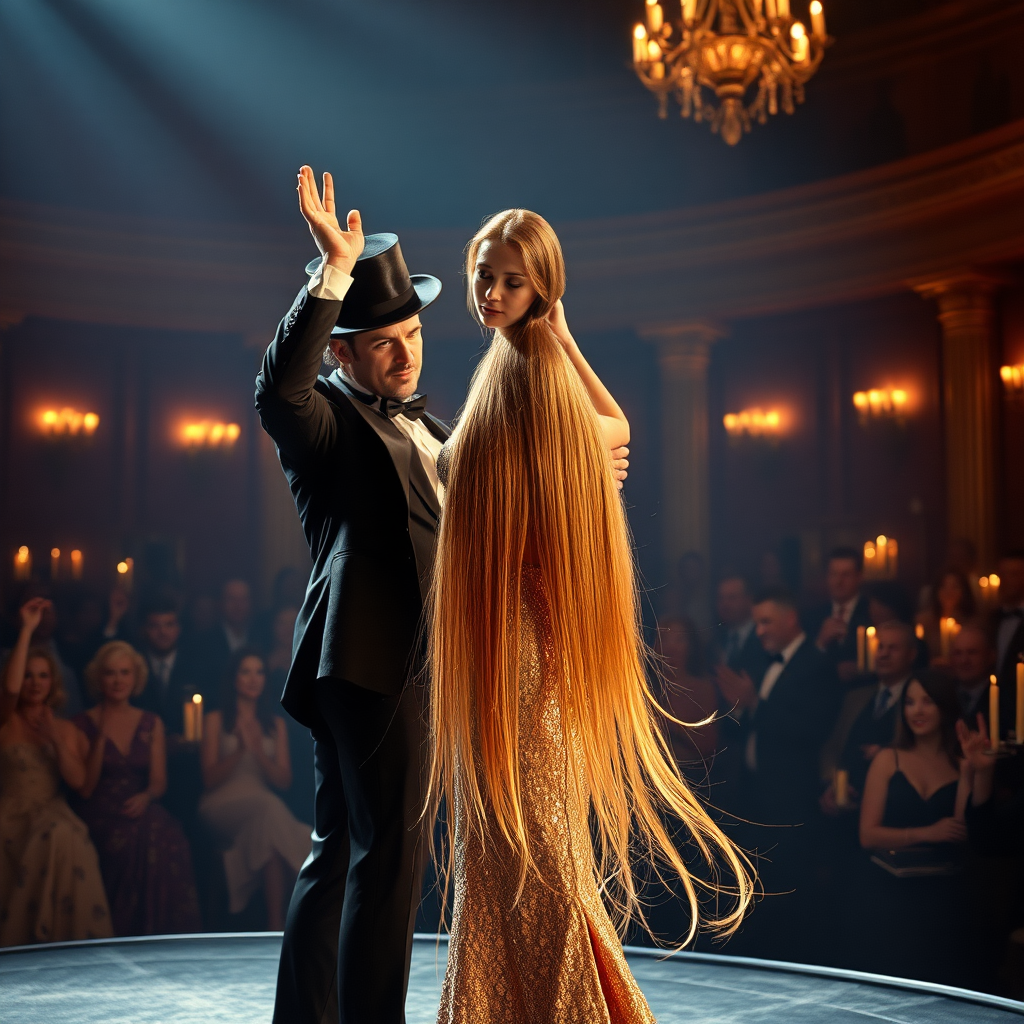 In a grand, opulent theater bathed in soft, ethereal lighting, a mesmerizing stage captures the audience's rapt attention. The atmosphere is thick with anticipation, as a beautifully adorned female magic assistant stands poised in the spotlight. Her incredibly long, flowing hair cascades down her back like a shimmering waterfall, catching the light and reflecting shades of gold and copper. Dressed in a fitted, sequined gown that sparkles with every movement, she exudes both elegance and an air of mystique.

As the magician, clad in a classic black tuxedo with a crisp white shirt and a top hat tilted at a jaunty angle, prepares to perform his illusion, the audience collectively holds their breath. The air is electric with suspense, the faint rustle of fabric and the soft gasps of onlookers creating an intimate symphony of curiosity. The magician raises his hands dramatically, and the atmosphere grows tense, heavy with a sense of the extraordinary.

With a swift, theatrical motion, he completes the trick, and to the astonishment of the crowd, the assistant appears to be beheaded—a breathtaking illusion that mixes artistry with horror. As he triumphantly grasps her long, flowing hair, the severed head is held high for all to see, the delicate features still exuding a serene grace. The audience erupts into a cacophony of shocked gasps and thrilled applause, their faces illuminated by the flickering candlelight that dances around the room, blending fear and fascination in a palpable emotional cocktail.