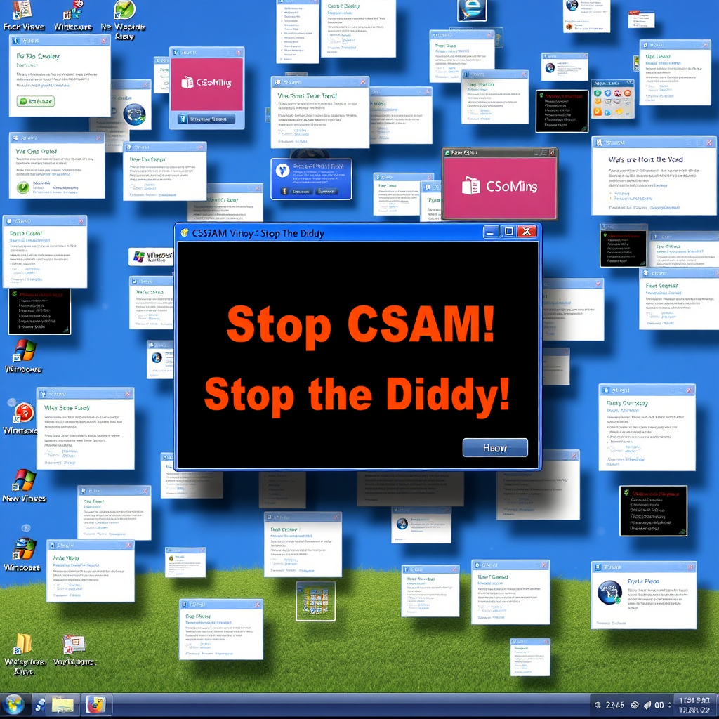 a windows xp desktop with a virus showing a lot of popups everywhere, and there is a big window at the center saying "Stop CSAM! Stop the Diddy!" with a dangerous tone and color.