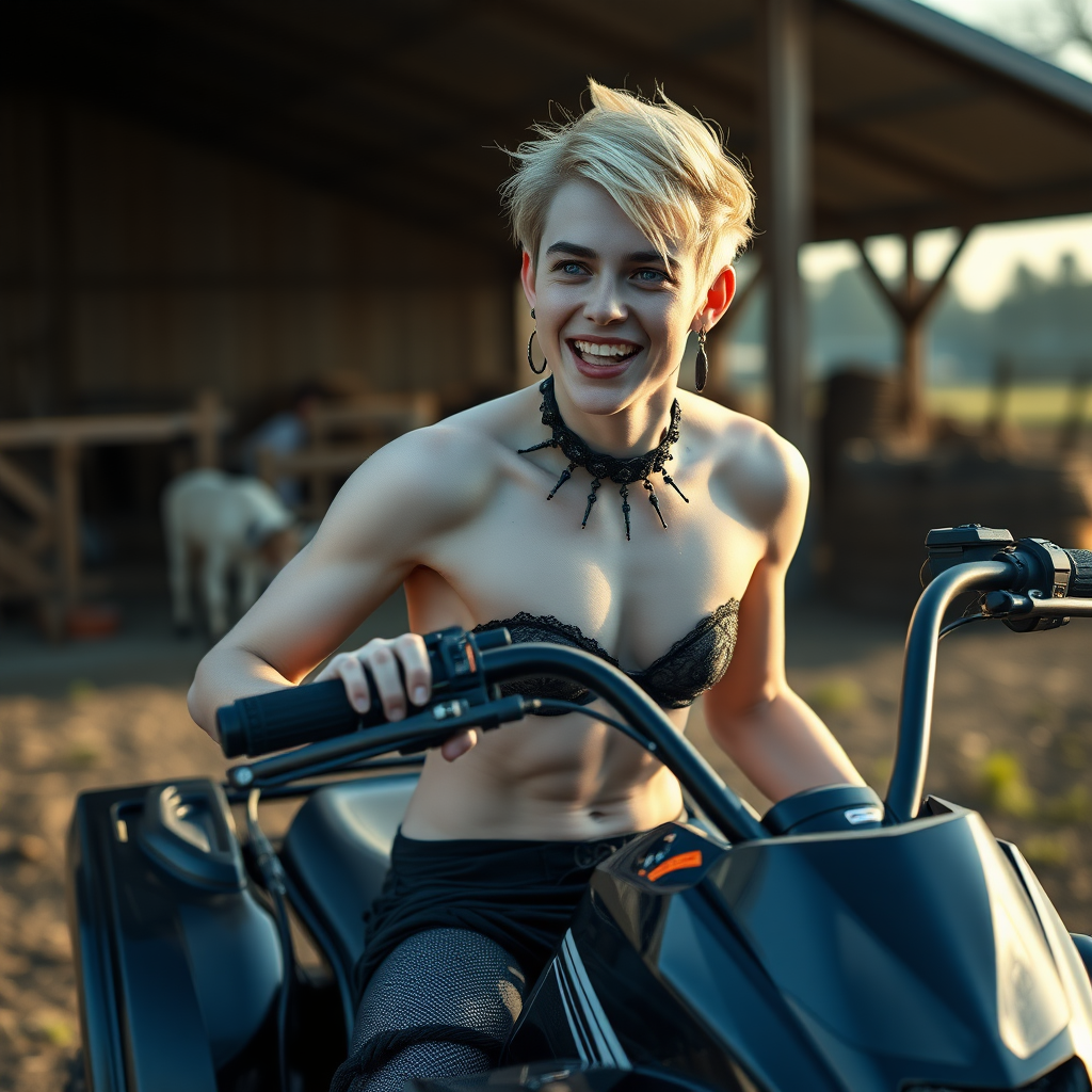 photorealistic, ultra high resolution, 16K, surreal fantasy, soft studio lighting, Caleb Swift is a pretty 16 year old goth male, slim male physique, blonde hair, blue eyes, goth makeup, earrings, sparkling blue-gray pantyhose, black lacy trainer-bra, stilettos, spikey neck collar, riding a quadbike in the farm yard during daytime, excited open mouth smile, bulging male crotch, full body in wide view facing the camera.