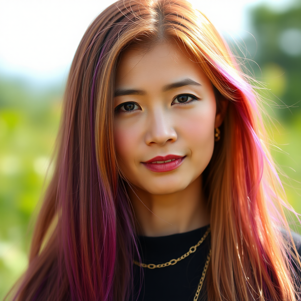 A 45 Year young North-East Thai Women with gold and violet colored long straight Hair and a fine Gold chain.