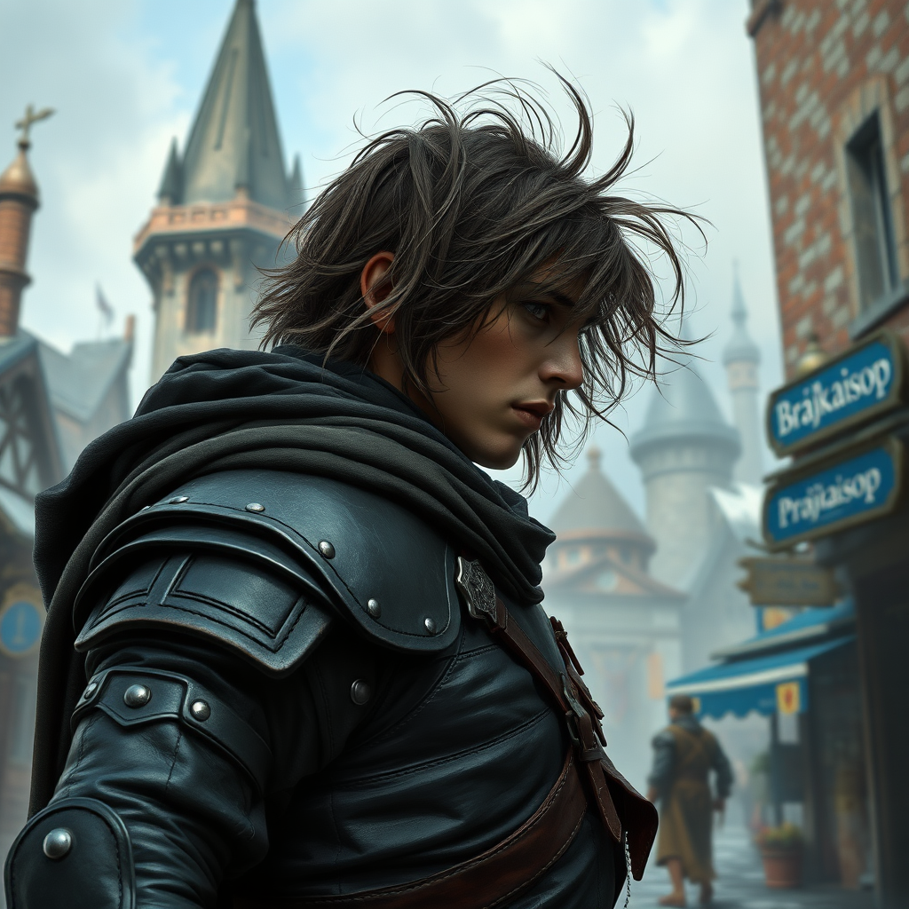 A wide distance shot of a fantasy warrior in dark leather armor and a cloak with his head on backwards. dungeons and dragons port called waterdeep. mage tower in the background. potion shop with a blue sign with the word "Brajkaisop". messy shoulder length hair tussled by wind.  photorealistic, digital matte painting, wlop