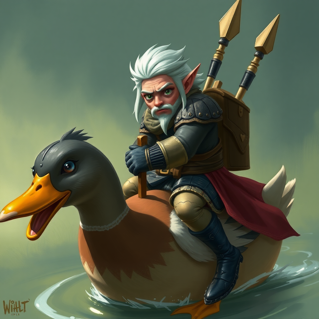 Geralt of Rivia with huge eyes riding a duck