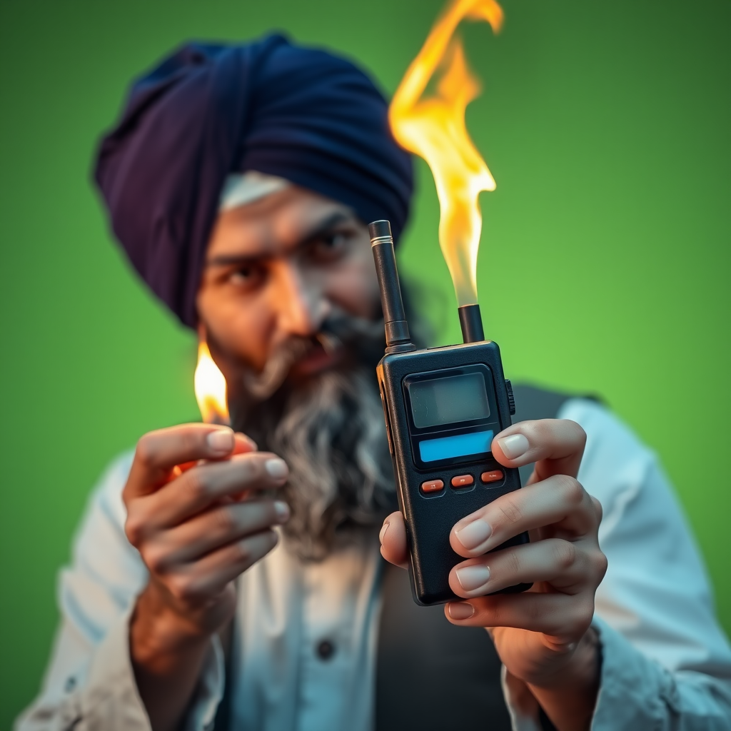 Someone religious Islamic guy wearing a turban holds a burning beeper pager.