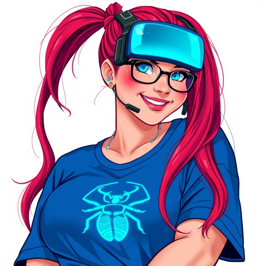 A cyberpunk vigilante’s full-figured intelligent and tech-savvy 29-year-old girlfriend, who is a computer hacker and tech genius. She has a long ruby red ponytail and bright blue eyes. She wears a sapphire beetle gemstone necklace, and an oversized maximum blue t-shirt featuring a neon blue glowing icon of a beetle on its chest. She has a full-figured physique with a prominent, gargantuan, round midsection, reflecting her well-cared-for lifestyle. She sports a sapphire headset with hi-tech maximum turquoise lensed HUD visor, black eyeglasses, and a beaming smile with a passionate bright red blush. Despite her figure and a lack of self-esteem, she radiates beauty. She has a slim face which contributes to her radiant beauty. She serves as his tech expert from his hideout, diligently working at her lab table and computer desk. The background is solid white. She is drawn as if she was in a retro 2D cyberpunk fighting game.