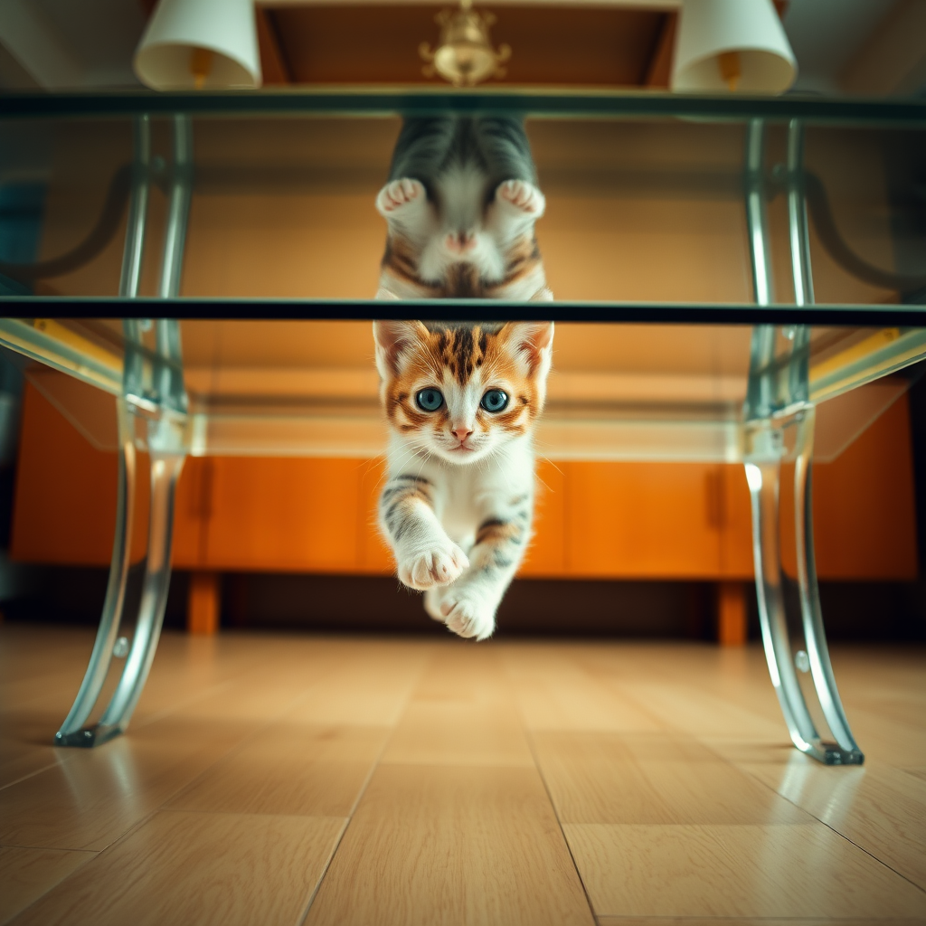 The camera is positioned directly beneath a transparent dining table, shooting vertically upwards. A cute little kitten walks on the table, and the soles of the kitten's four paws are clearly visible.