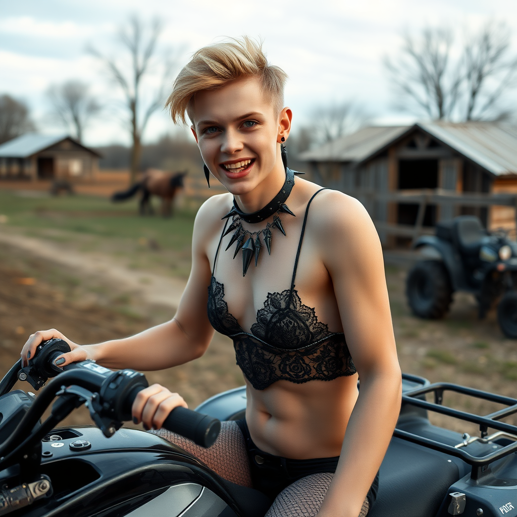 photorealistic, ultra high resolution, 16K, surreal fantasy, soft studio lighting, Caleb Swift is a pretty 16 year old goth male, slim male physique, blonde hair, blue eyes, goth makeup, earrings, sparkling blue-gray pantyhose, black lacy trainer-bra, stilettos, spikey neck collar, riding a quadbike in the farm yard during daytime, excited open mouth smile, bulging male crotch, full body in wide view facing the camera.