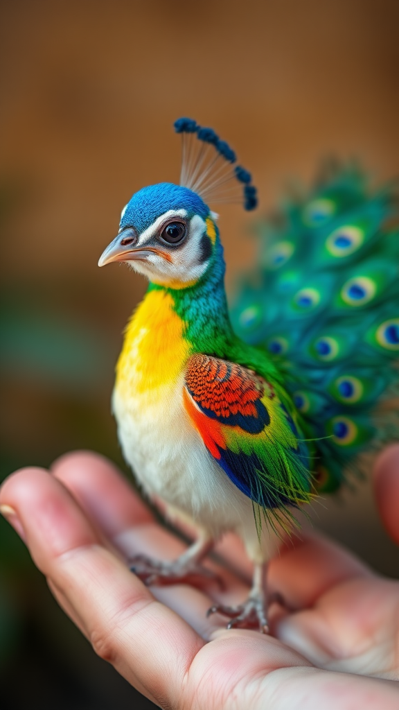 A small tiny cute chubby big eyes big perfect tail real colorful dancing peacock with tail on hand.