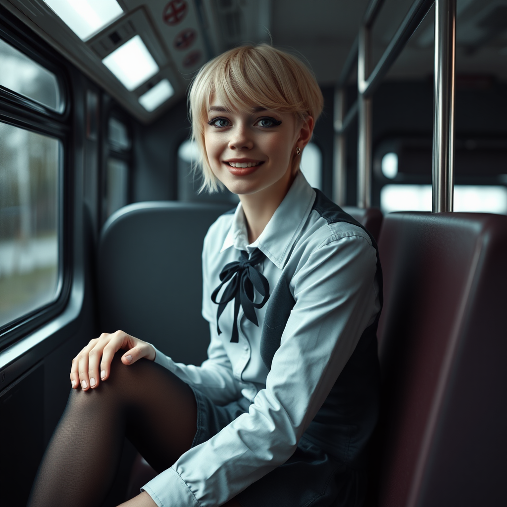 photorealistic, ultra high resolution, 16K, surreal fantasy, soft studio lighting, a pretty 18 year old goth male, slim male physique, short blonde hair, goth makeup, earrings, shiny black pantyhose, UK girls-school uniform, Mary-Jane shoes, sitting in the school bus, excited smile, facing the camera.