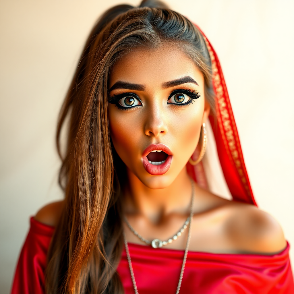 surprised Arabian girl with mouth open. She has very large eyes, black eyeshadow, black eyeliner, fake eyelashes, very tanned skin, very long hair. very high ponytail, red off shoulder shinny crop top. photo realistic