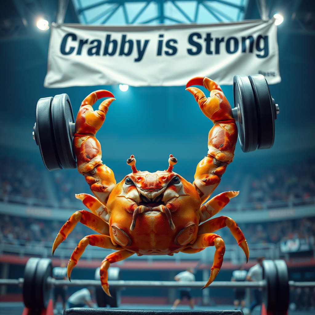 A photo realistic crab lifting weights over his head with his claws in a sport arena with a banner overhead that says "Crabby is Strong"