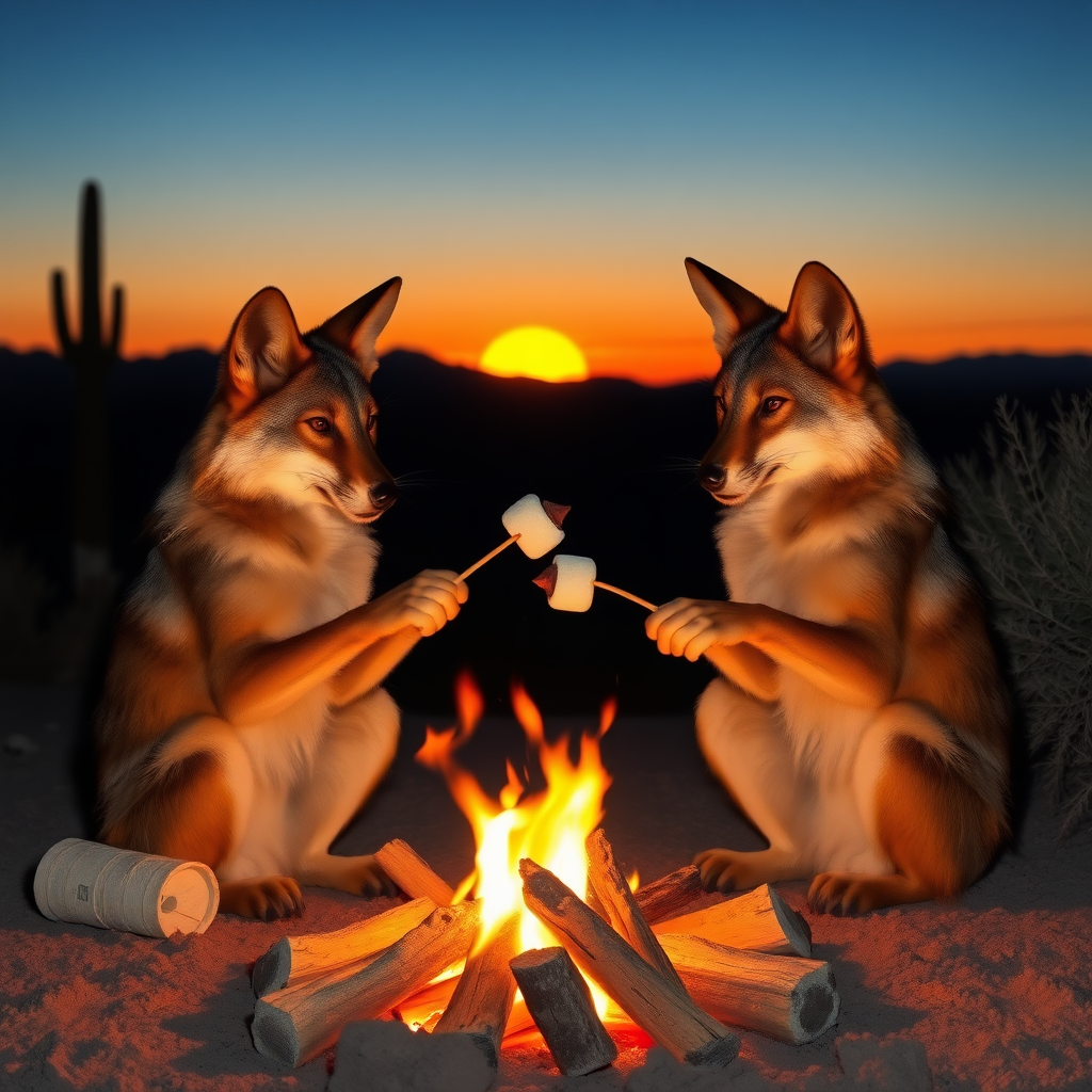 Arizona sunset with two coyotes sitting around a campfire holding sticks with s'mores at the end of them.