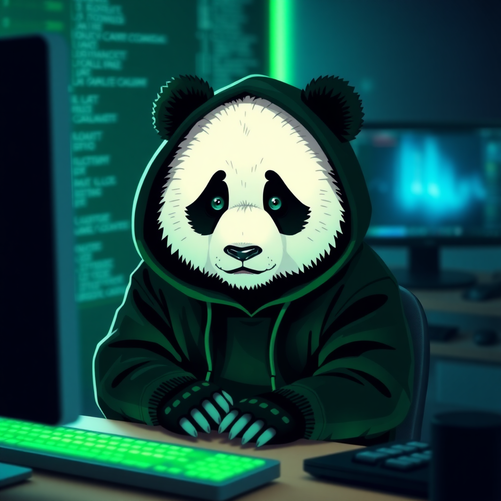 Picture of a panda bear sitting in front of a computer wearing a black hoodie. Green light emanating from the computer screen.