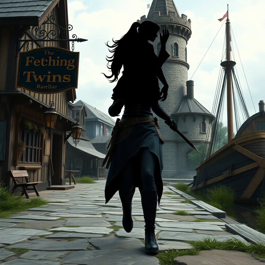 A wide distance shot of a female thief in a pastoral fantasy town. Mage tower in the background. She is fleeing from someone. Bar called "The Fetching Twins" sign (consisting of a silhouette of two women leaning together for a kiss). Village of Dryden, dock with a run down ship.