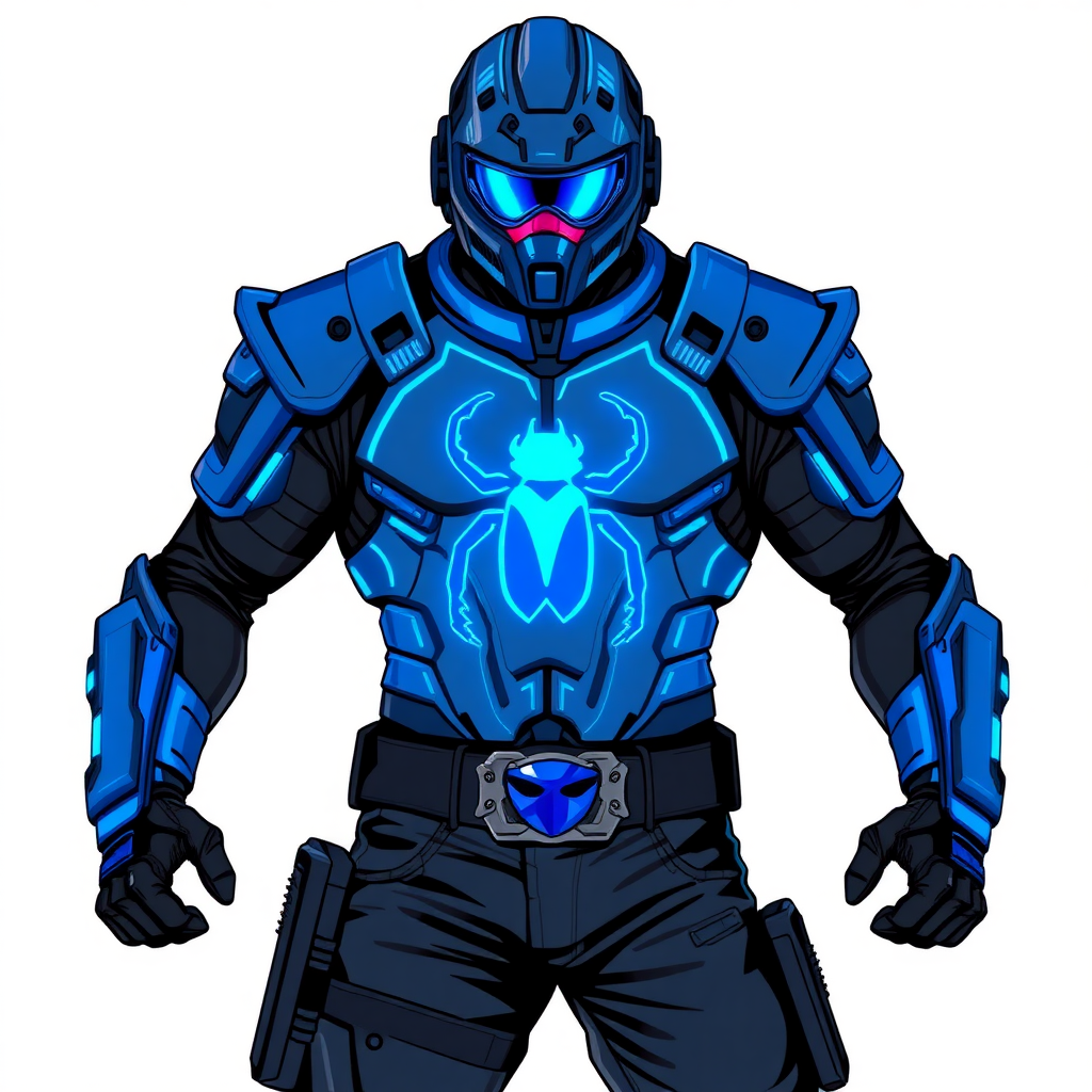 A young adult cyberpunk vigilante stands heroically, clad in high-tech, maximum blue body armor featuring a neon blue glowing beetle on the chest. They wear black biker pants, a black belt with a sapphire beetle buckle, and a helmet resembling Red Hood Jason Todd’s, but colored maximum blue with neon blue lenses. Their hands are protected by black metal gloves, all set against a solid white background. He is drawn as if he was in a retro 2D cyberpunk fighting game.