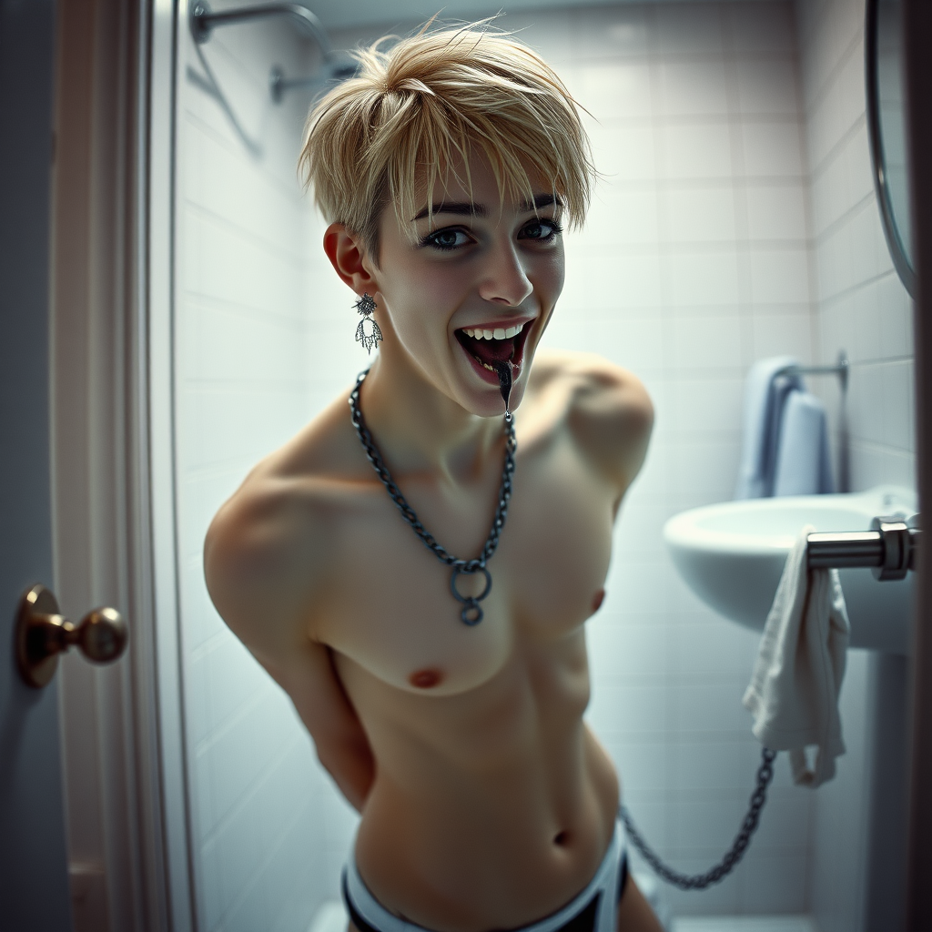 photorealistic, ultra high resolution, 16K, surreal fantasy, studio lighting, a pretty 16 year old goth boy, slim male physique, short blonde hair, goth makeup, earrings, spiky chain and leash, pantyhose, white ballet shoes, in the bathroom, excited smile, facing the camera, drooling from his mouth.