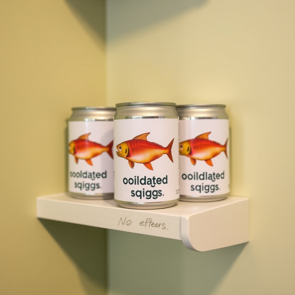 a small shelf with cans that have an image of fish on the label and text saying "oolated squiggs", the text should be "oolated squiggs" with no errors, oolated squiggs, oolated squiggs, oolated squiggs, oolated squiggs