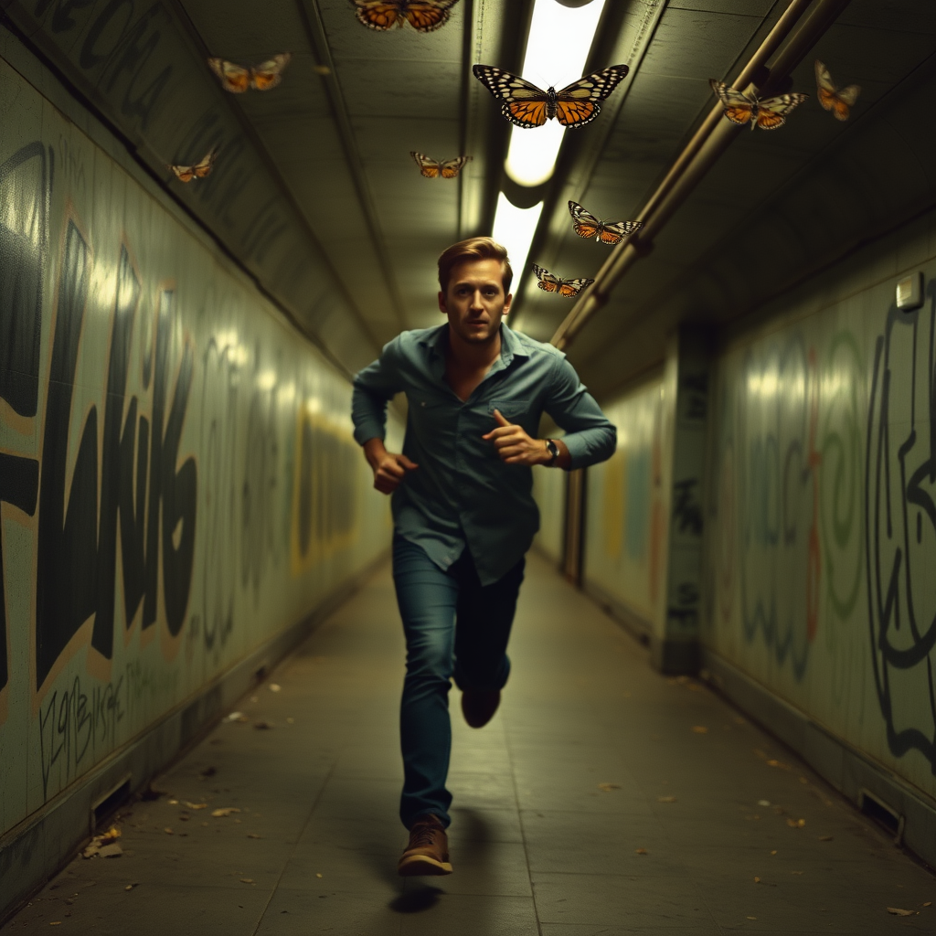 The image shows a running in Polish subway with graffiti on the walls on either side. He is wearing a shirt and jeans. There are moths flying in the air and lights illuminating the scene. Cinematic style