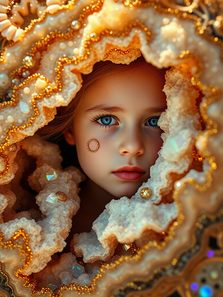 young girl, high quality photo, intricate environment, ultra-detailed, impressionistic, dynamic composition, artistic photograph, geode, alabaster, gold, fractal, brilliant colors, glittering, sunlight, illumination, transparency, translucent, opal