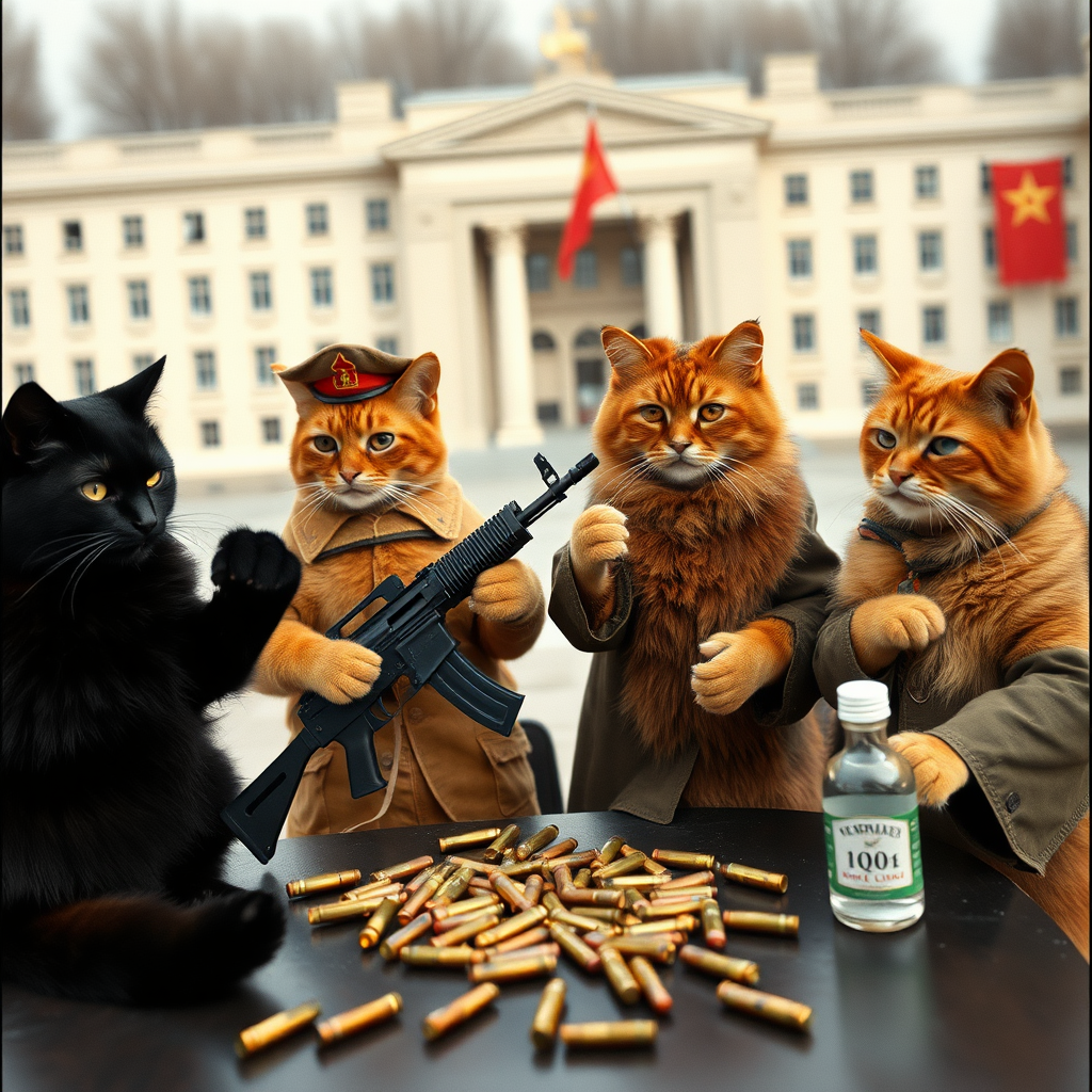 4 cat-men in a large square, a black one holding an AK-47, an orange one with a Russian military cap, a dark brown and a light brown, Soviet communist with vodka, around a table with bullet casings on it (film style photo)