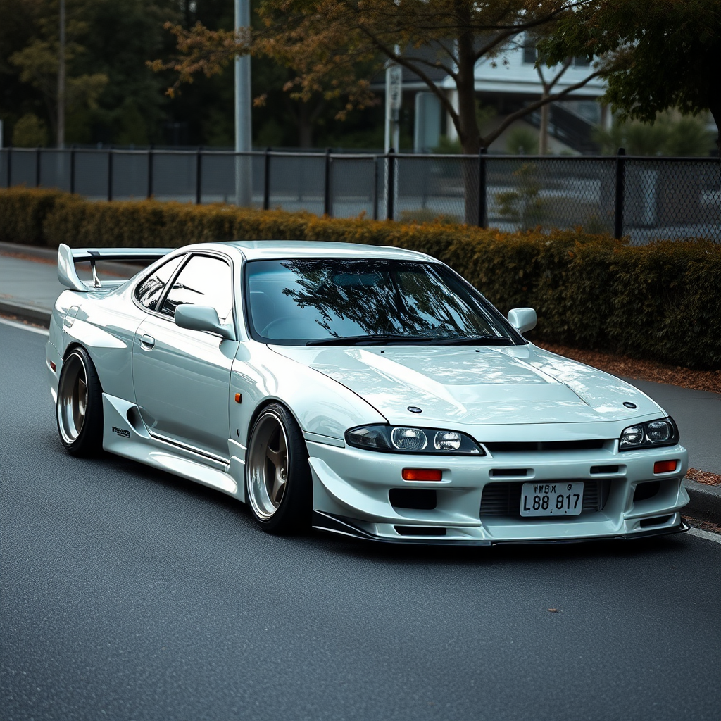 concept tuner nissan silvia s14 the car is parked on the side of the road, inspired by Taiyō Matsumoto, tumblr, restomod, nd4, c4