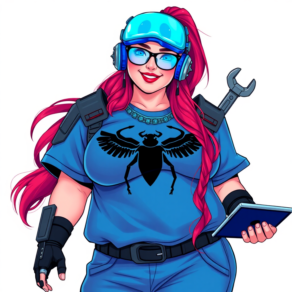 A cyberpunk vigilante’s full-figured intelligent and tech-savvy 29-year-old girlfriend, who is a computer hacker and tech genius. She has a long ruby red ponytail and bright blue eyes. She wears a sapphire beetle gemstone necklace, an armored, oversized, Maximum Blue (RGB 71, 171, 204) t-shirt featuring a giant black chest icon of a winged beetle, and matching Maximum Blue (RGB 71, 171, 204) sweatpants. She has a full-figured physique with a prominent, giant, well-rounded midsection, reflecting her well-cared-for lifestyle. The midsection is heavily emphasized. She sports a sapphire headset with hi-tech Maximum Blue (RGB 71, 171, 204) lensed HUD visor, Maximum Blue (RGB 71, 171, 204) lipstick, black eyeglasses, and a beaming smile with a passionate bright red blush. Despite her figure and a lack of self-esteem, she radiates an air of beauty. She has an angular face which contributes to her radiant beauty. She serves as his tech expert from his hideout, holding a holographic tablet and a hi-tech tool wrench. The background is solid white. She is drawn as if she was in a retro 2D cyberpunk fighting game. Make sure her outfit covers her enormous midsection.