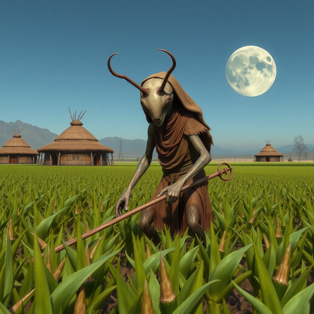 A humanoid arthropod alien in tribal clothing tilling a field of alien crops, alien huts in the background, ((two moons)) visible in the sky.