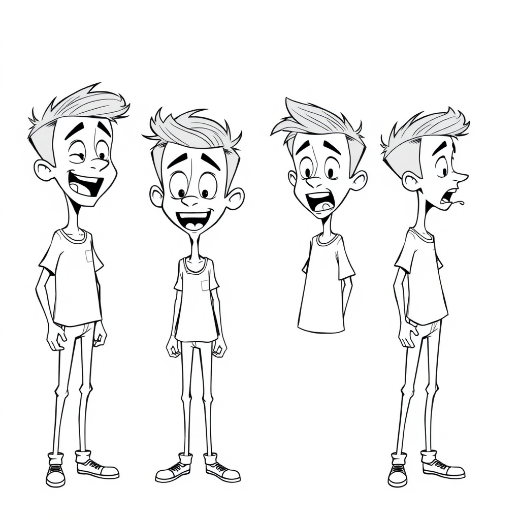 multiple views with progression, character design sheet, short, excited, smiling, amazed, open mouth, sweating, 15 year old european skinny boy, drooling, detailed features, long establishing shot, 2D, caricature, cartoon, Sketch lines, coloring book, coloring book style on white background, well composed, clean coloring book page, No dither, no gradient, strong outline, No fill, No solids, vector illustration, side view, vector illustration, empty space around each view, movement lines