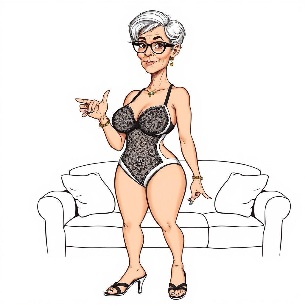 a towering 55 Years old, fit, slim, European, Latina, sharp aquiline nose, wrinkles, high cheekbones, Middle Eastern, Skinny, Tanned skin, Dark light skin, Rounded Medium breasts, Skinny thighs, full Makeup, jewelry, Serious face, Sharp nose, Ash hair, short bowl haircut, Brown eye color, Glasses, with detailed features. she is wearing embroidered black mesh balconette bras and a tight white high cut 1980s mesh cut out swimsuit, detailed fabric. full body, high heels sandals, she is hand gesturing at the viewer to join her on a couch, sweating, long establishing shot, 2D, caricature, cartoon, Sketch lines, coloring book, coloring book style on white background, well composed, clean coloring book page, No dither, no gradient, strong outline, No fill, No solids, vector illustration, realistic proportions