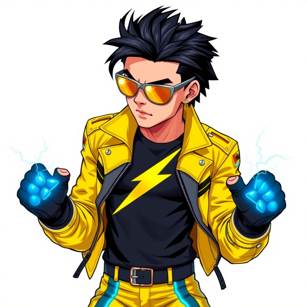 A 28-year-old electrokinetic CEO with short jet-black hair, donning a maximum yellow biker jacket with intricate electric blue accents, a black t-shirt emblazoned with a maximum yellow lightning bolt symbol, and sleek, golden-lensed sunglasses. He sports matching yellow biker pants with electric blue stripes, and high-tech, fingerless gloves that generate electricity. He strikes a menacing pose against a solid white background. He is drawn as if he was in a retro 2D cyberpunk fighting game.