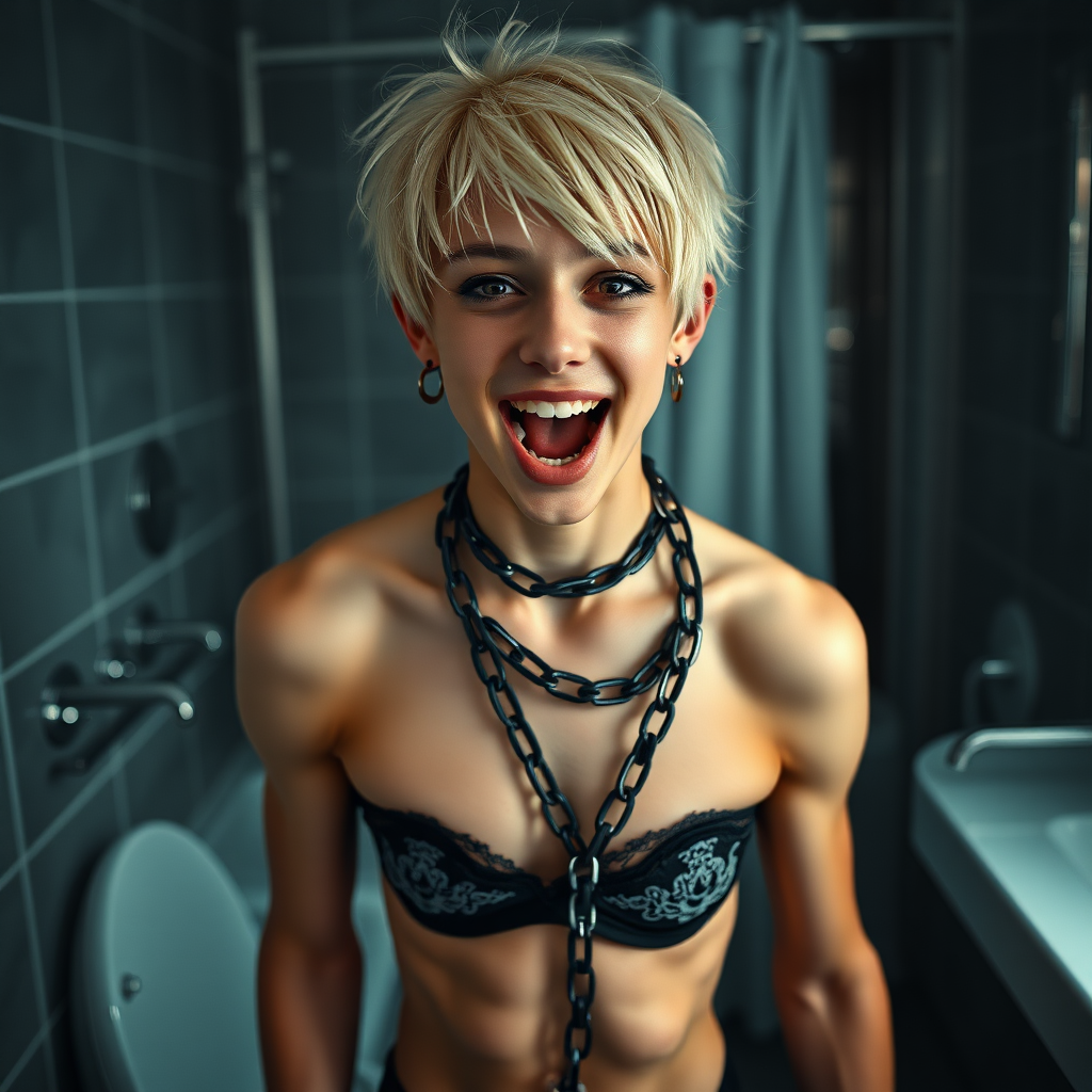 photorealistic, ultra high resolution, 16K, surreal fantasy, studio lighting, a pretty 16 year old goth boy, slim male physique, short blonde hair, goth makeup, earrings, spikey chain and leash, handcuffs, trainer-bra, pantyhose, white ballet shoes, in the bathroom, excited open mouth smile, facing the camera,