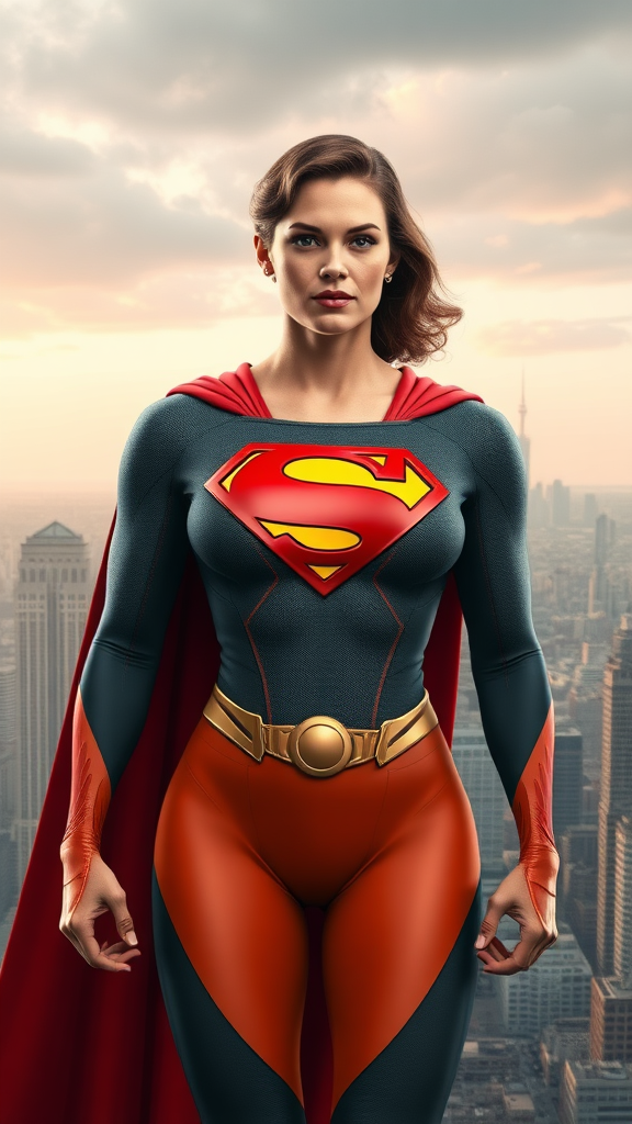 Generate photorealistic full-body image of Superman but reimagine him having Elastigirl's female physique, retaining Superman's head. Adapt iconic costume to fit new form. Set against a blended cityscape inspired by Metropolis' urban skyscrapers and Elastigirl's suburban Parr hometown.