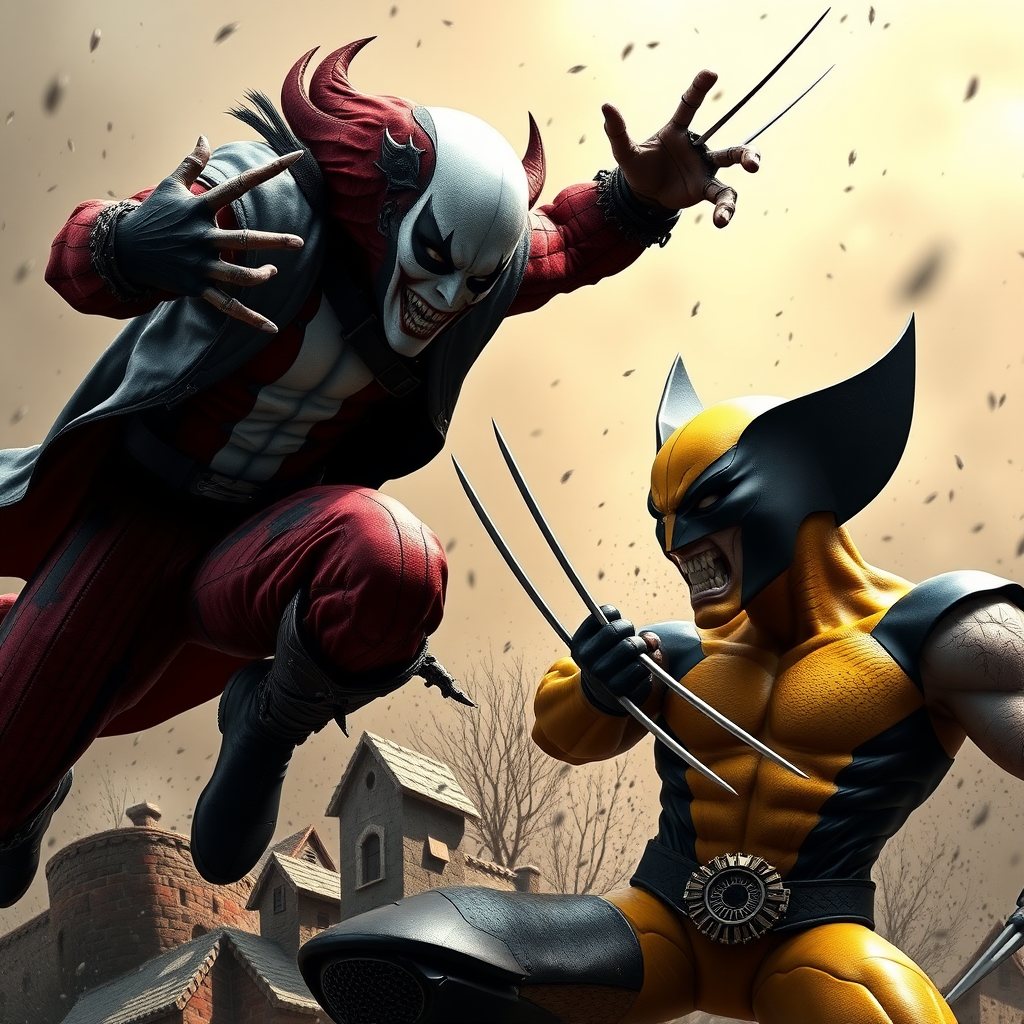 Jumping out of a Comic book cover is Spawn and Wolverine in Cinematic Real3D photo-realistic quality.