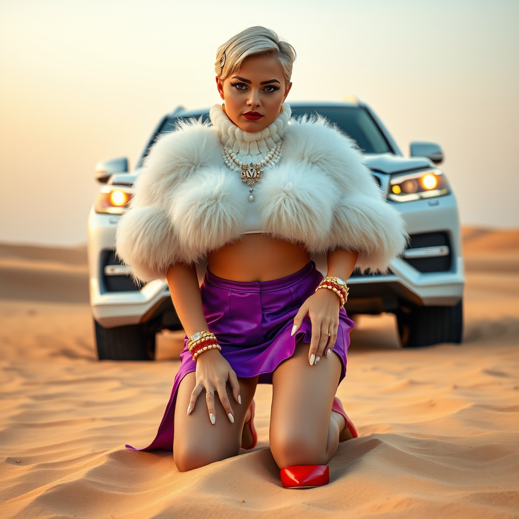 Kuwait desert dunes misty dawn, full size luxury SUV: Melissa, European 17 years old very convincing femboy “trophy-bimbo”, tamed servile docile, very beautiful feminine flawless face, rather short, by hormones very curvaceous womanly figured, platinum blond short tight curls, bold red lips, long white French nails, heavily made-up face, wearing Supertanya-style fluffy very fuzzy bright white angora turtleneck-poncho cropped ending under bust decorated with pearls and glass stones, very tight purple vinyl mini pleated skirt, bright red pumps with golden very high heels, white pearl belly piercing, full Oriental bridal jewelry including headpiece, nose-ring, coin wristlets, coin anklets, striking diamond “Bimbo” letter brooch on left chest, thick heavy pearl wristlets, pearl anklets, pout frustrated, kneeling in sand in front of SUV, looking at camera. Focus on face and turtleneck-poncho.