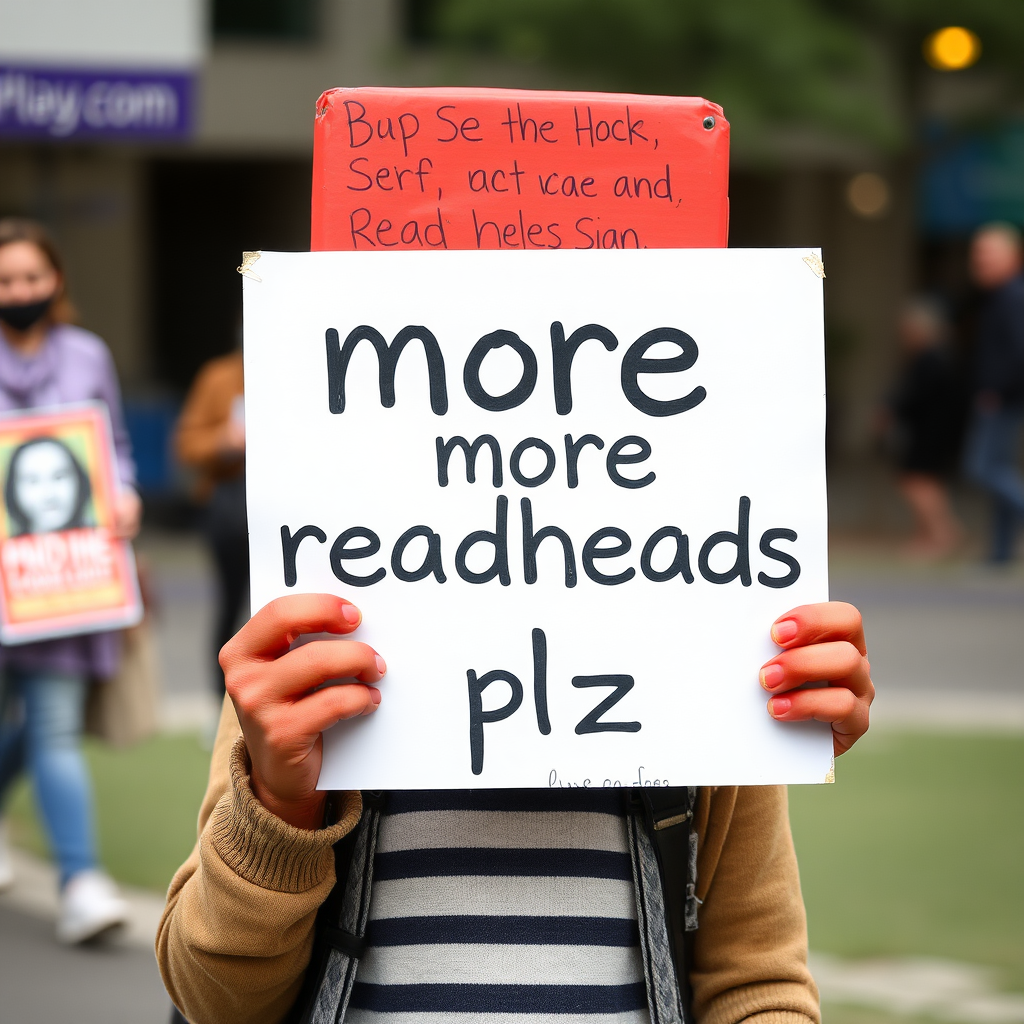 a readhead holding a sign that says "more readheads plz"