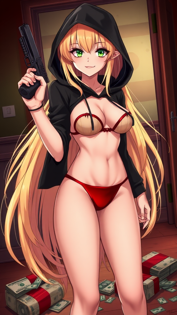 Anime, a sexy seductive character with long blond hair, green eyes accentuated by makeup, wearing a black dark hoodie under a red bikini and red g-string thong, has a wicked smile while holding a Glock in her left hand, with stolen money bags on the floor, standing up.