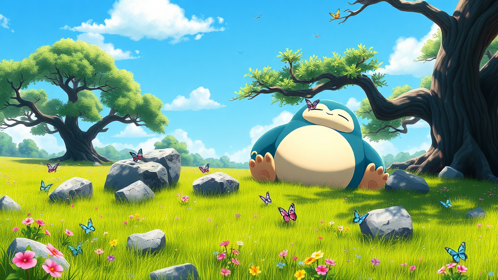 A digital illustration depicts a serene and relaxing scene set in a lush meadow under a bright blue sky with scattered white clouds. The central figure is Snorlax, a large, blue and white Pokémon character with a round body, closed eyes, and a content expression, sitting comfortably among rocks in a vibrant green grassy field. Snorlax's body is curved, and it rests its head on one of the gray rocks, with sunlight creating shadows on its rounded belly. Its arms and legs are spread out, with lighter beige fur visible on its paws. The meadow is scattered with small, colorful flowers in shades of pink, purple, and blue, creating a tapestry of colors across the landscape. Several butterflies of various sizes and colors, including blue, yellow, pink, and light green, are seen fluttering around Snorlax and resting on the rocks and grass. One butterfly is perched on Snorlax's head, while another is on its belly. The background features two large trees with thick, dark brown trunks and branches extending overhead, their leaves depicted in various shades of forest green, creating a canopy of shade. The sky above is clear and light blue, with soft, white clouds. The scene is brightly lit by natural sunlight, casting soft shadows and highlighting the vibrant colors of the landscape. The overall mood is peaceful and idyllic, enhanced by the high contrast, saturation, luminance, and the balanced exposure of the image. The composition follows the rule of thirds, with Snorlax placed slightly off-center to the left, creating a harmonious and visually appealing image that captures the essence of a tranquil moment in nature.