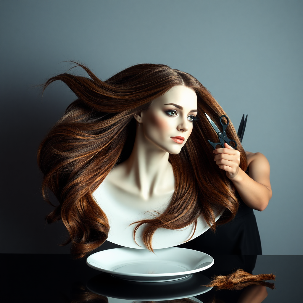 In a strikingly surreal scene, a beautifully crafted porcelain plate holds the disembodied head of a graceful Kate Middleton, her long, flowing hair cascading around like a luxurious waterfall of silky strands, shimmering in various shades of deep chestnut. Each hair seems to catch the light, creating an almost ethereal glow. Nearby, a meticulous hairdresser, dressed in a sleek black apron, carefully snips away at Kate's locks with precision scissors, their actions fluid and deliberate, emphasizing the delicate artistry of the moment.

The setting boasts minimalist decor, with a plain gray background that heightens the focus on this bizarre tableau. Soft shadows play across the smooth surface of the plate, enhancing the haunting beauty of Kate's serene expression, which conveys both elegance and an uncanny sense of stillness. The atmosphere is a blend of surreal calm and unsettling intrigue, pulling the viewer into a dreamlike space where reality and imagination intertwine. Gentle noises of scissors softly clipping away hair are the only sounds in this peculiar yet captivating scenario, heightening the tension and drawing viewers into this striking juxtaposition of beauty and the bizarre.