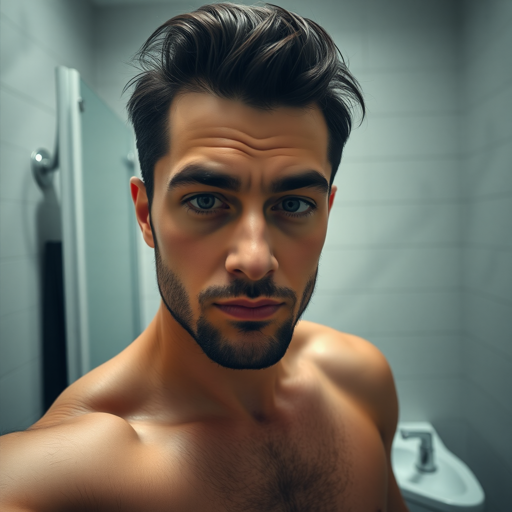 A selfie of a man in his bathroom, selfie photo, realistic image, 8k, intricately detailed