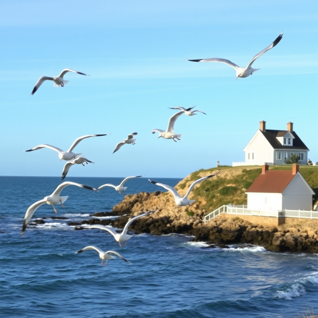 Seagulls are circling over the ocean, and there is a white house by the sea.