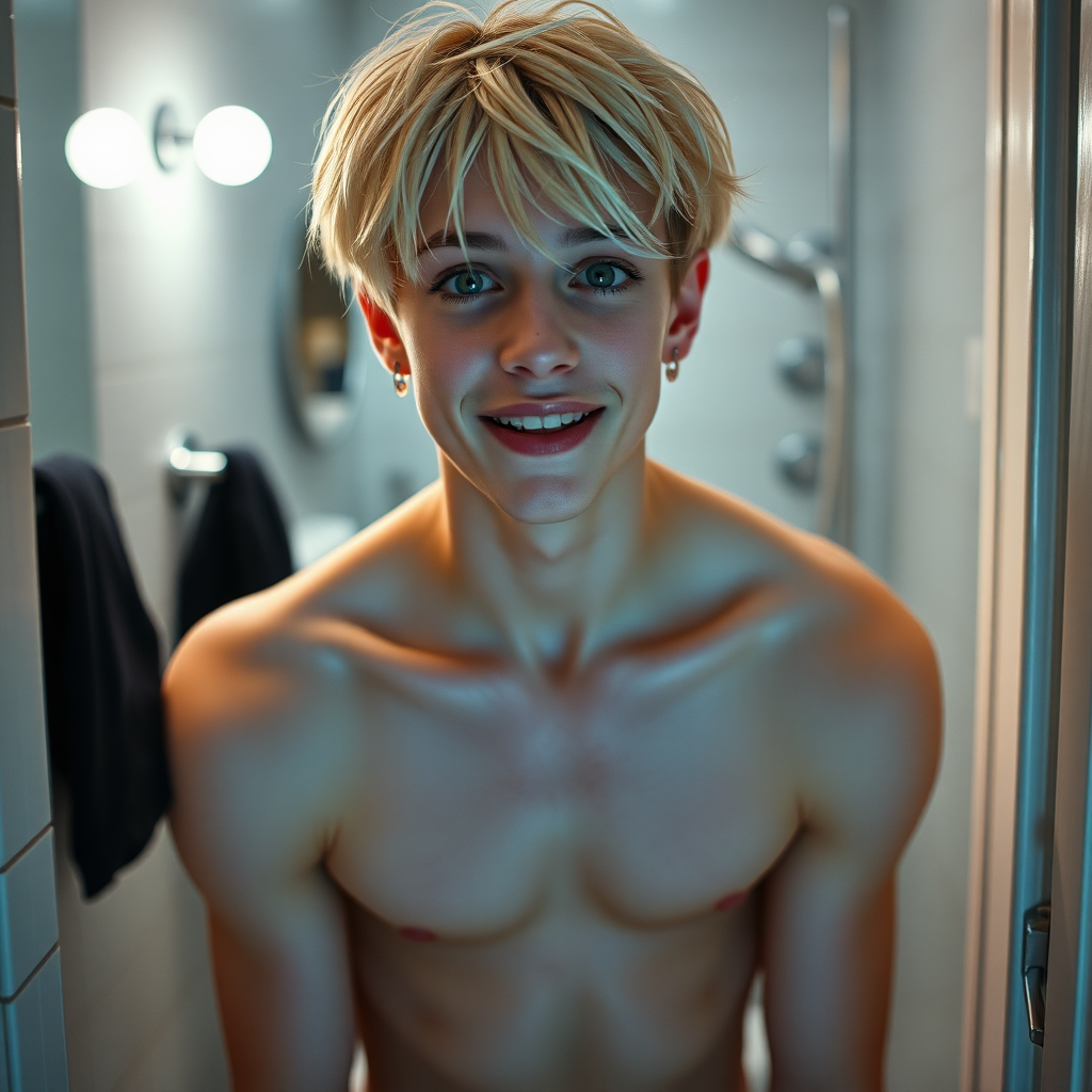 photorealistic, ultra high resolution, 16K, surreal fantasy, studio lighting, a pretty 14 year old goth boy, slim male physique, short blonde hair, goth makeup, earrings, pantyhose, white ballet shoes, in the bathroom, excited smile, facing the camera.