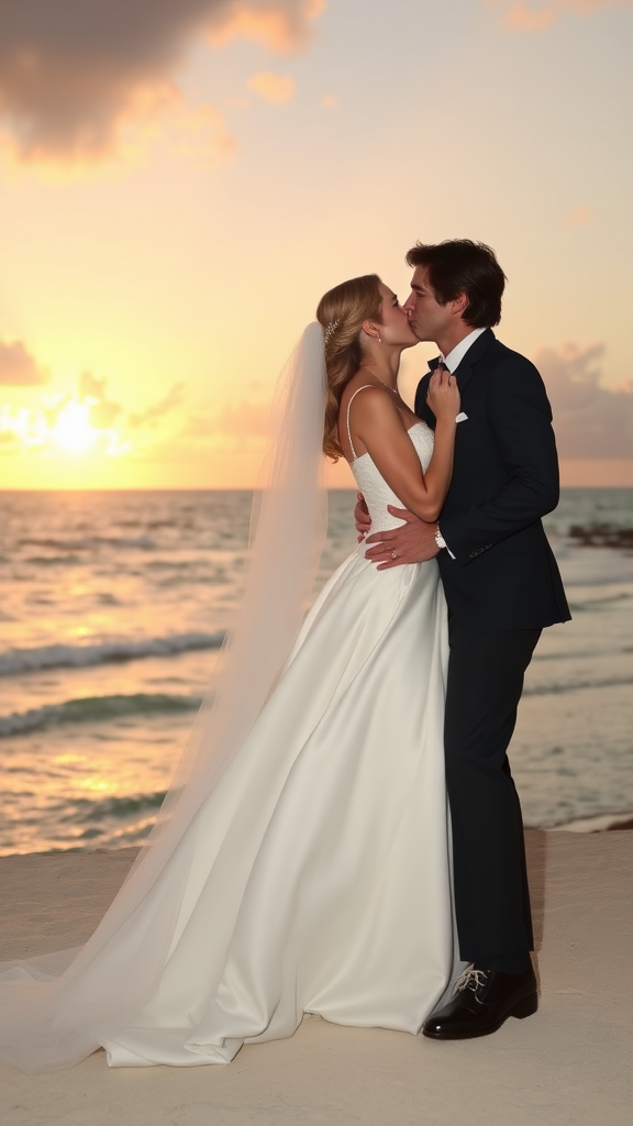 In the background, the bride Nicole Kidman and the groom Tom Cruise dressed elegantly, she in high-heeled shoes and he in patent leather shoes, he passionately kisses the bride, with the sea and a beautiful beach in the background, the sky at sunset with rays of the sun and clouds.