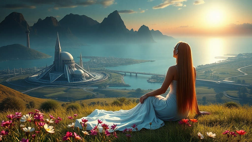 pretty azian woman long hair, pretty dress, sit on the grass with flowers, with headphone, alien planet, aliens buildings, with nice greenery flowers and rivers, beach, nice sunset, highways and streets, ultra realistic view high detail