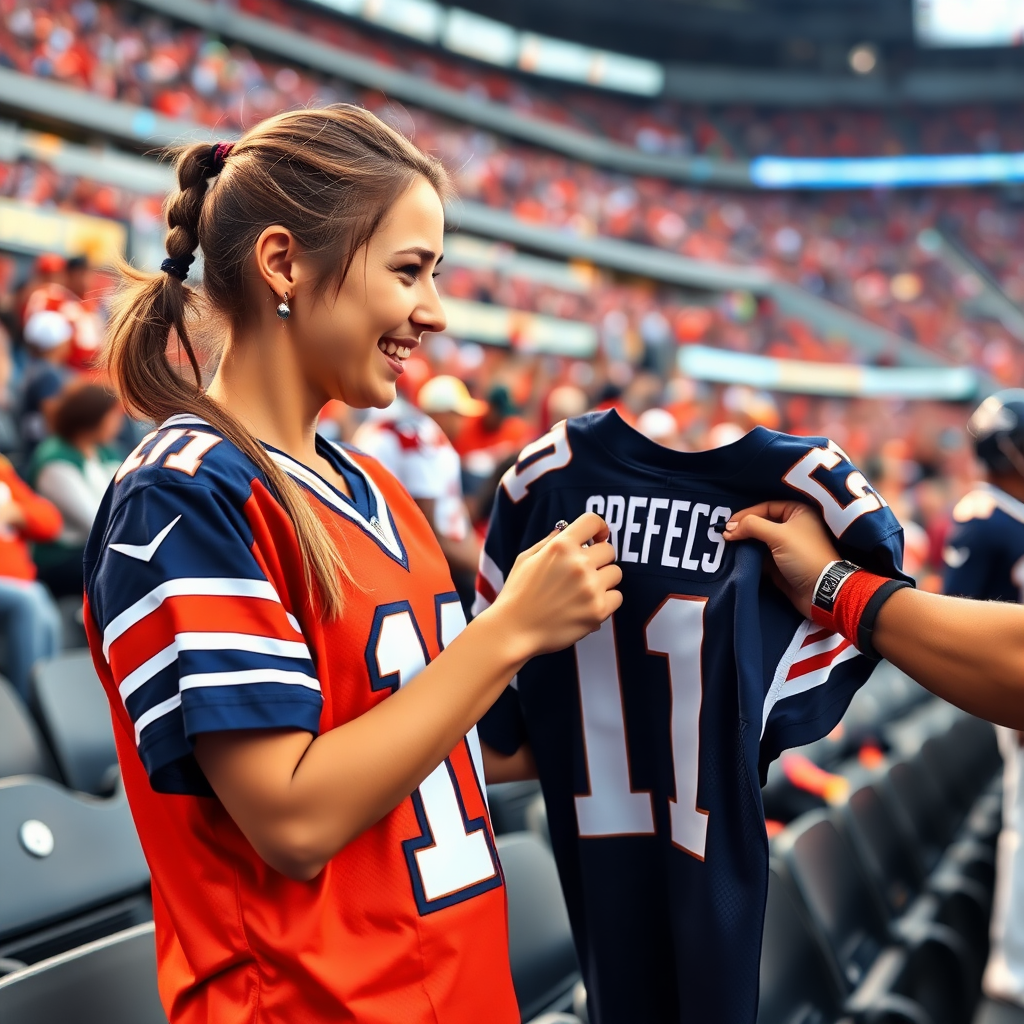 Attractive female NFL fan, pigtail hair, enthusiastic, at crowded bleacher row, holding a spare jersey, asking a player to write an autograph on the spare jersey, in NFL stadium