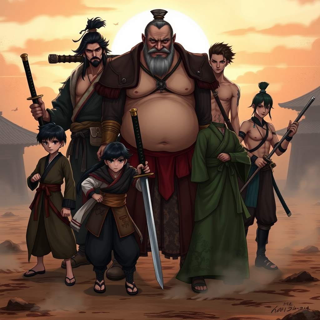 create an image of A group of six warriors stand together in a dynamic scene, each exuding their unique presence and abilities. At the center is **Ein**, a young boy with short black hair and piercing dark eyes, wearing simple, travel-worn clothes. His calm, wise, and eerie expression belies his age. 

Beside him is **Itami Cho**, a tall, elegant woman with long black hair, wearing a battle-worn traditional kimono and wielding a katana. Her posture is poised, and her fierce, serene expression reflects both her grace and warrior strength. 

**Iron Gut Chen** stands towering, a large man wearing only pants. His round belly is a mark of his legendary appetite and strength. He holds a massive weapon, his grin bold and unbreakable, showing his confidence in battle. 

Behind them is **Ghost Echo**, a fiercely accurate sniper with leprosy who covers himself with bandages. 

Next to her, **Bingwei Ma**, a disciplined warrior, stands straight and proud, his flawless shirtless torso gleaming, a mark of his precise and honorable nature. He has perfect posture, his expression unwavering and focused. 

Finally, **The Emerald Wind**, a nimble, agile figure dressed in green, with a sly smile. His light armor is designed for speed, and the wind seems to flow around him, ready to carry him into his next lightning-fast strike.

The group stands in an ancient, battle-scarred feudal japanese landscape, the setting sun casting long shadows. The wind stirs dust and mist around them, adding to the sense of mystery and imminent danger. The warriors are prepared for a fight, each displaying their unique skills and personalities.