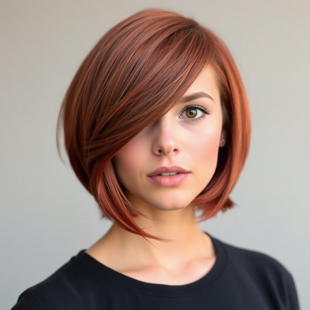 Beautiful model with a graduated bob haircut, in a red color, with a cute prodigal look.