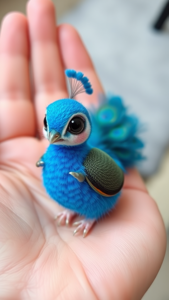 A small tiny cute chubby big eyes big perfect tail real blue dancing peacock on hand