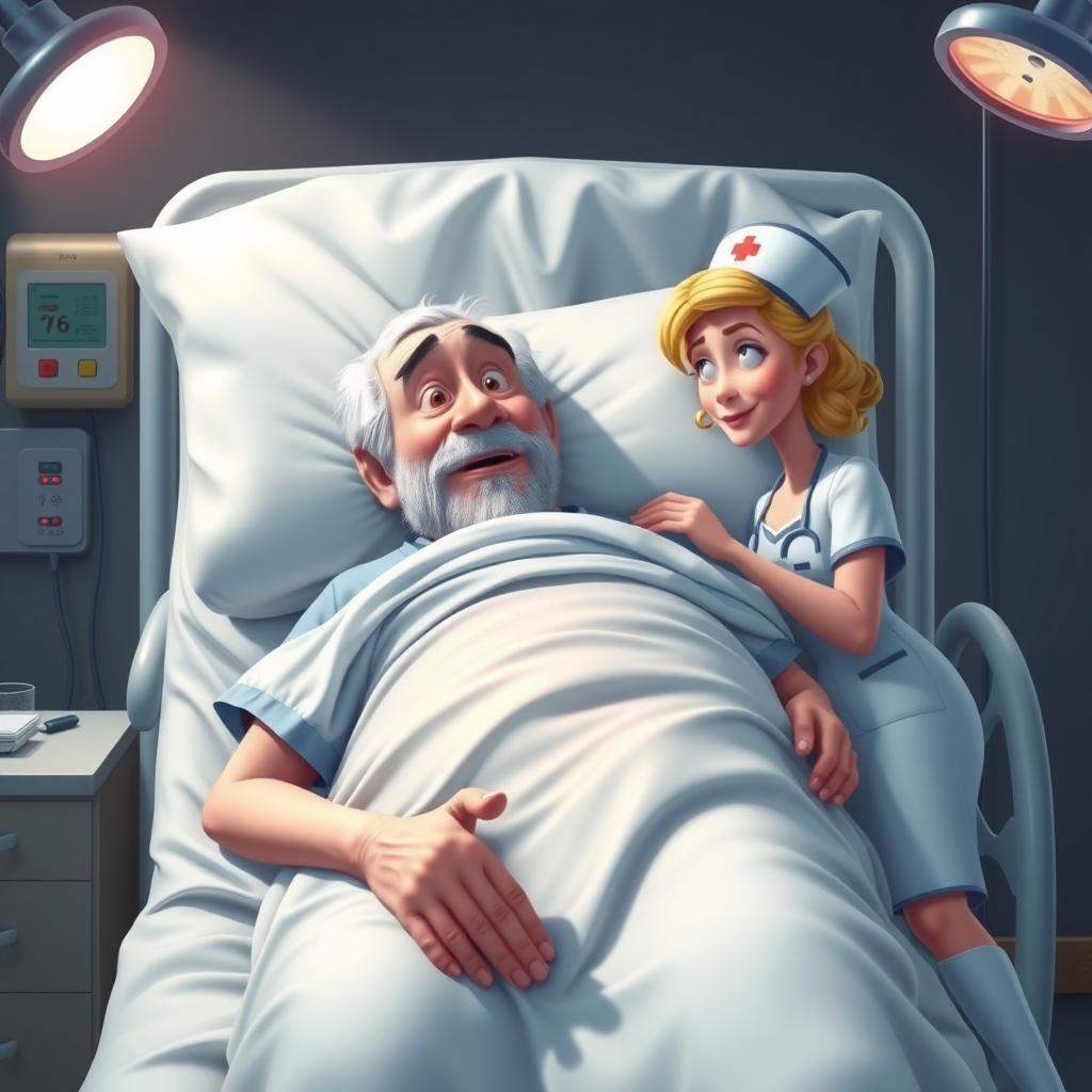 High quality, detailed, Disney 3D style film poster of an old man on a hospital bed with a huge erection under the blanket and a young skinny attractive nurse "impotence"