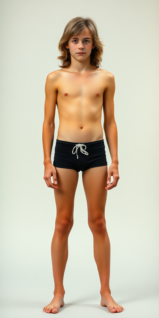 A tall skinny beautiful 14yo teen boy, long hairs, wearing speedo, long legs, narrow thighs. full-length view. 1970s. photorealistic, ultra high resolution, 16K, Negative: grainy, blurry, bad anatomy, extra limbs, watermark.